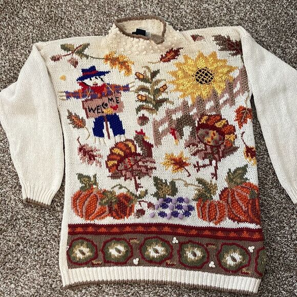Vintage 90s Beldochpopper Fall Harvest Pumpkin Scarecrow Turtleneck Sweater S - Picture 9 of 14